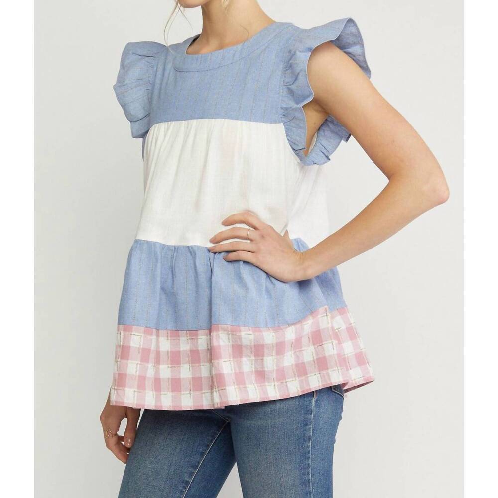 NEW ENTRO mixed print tiered top in blue - Picture 4 of 8